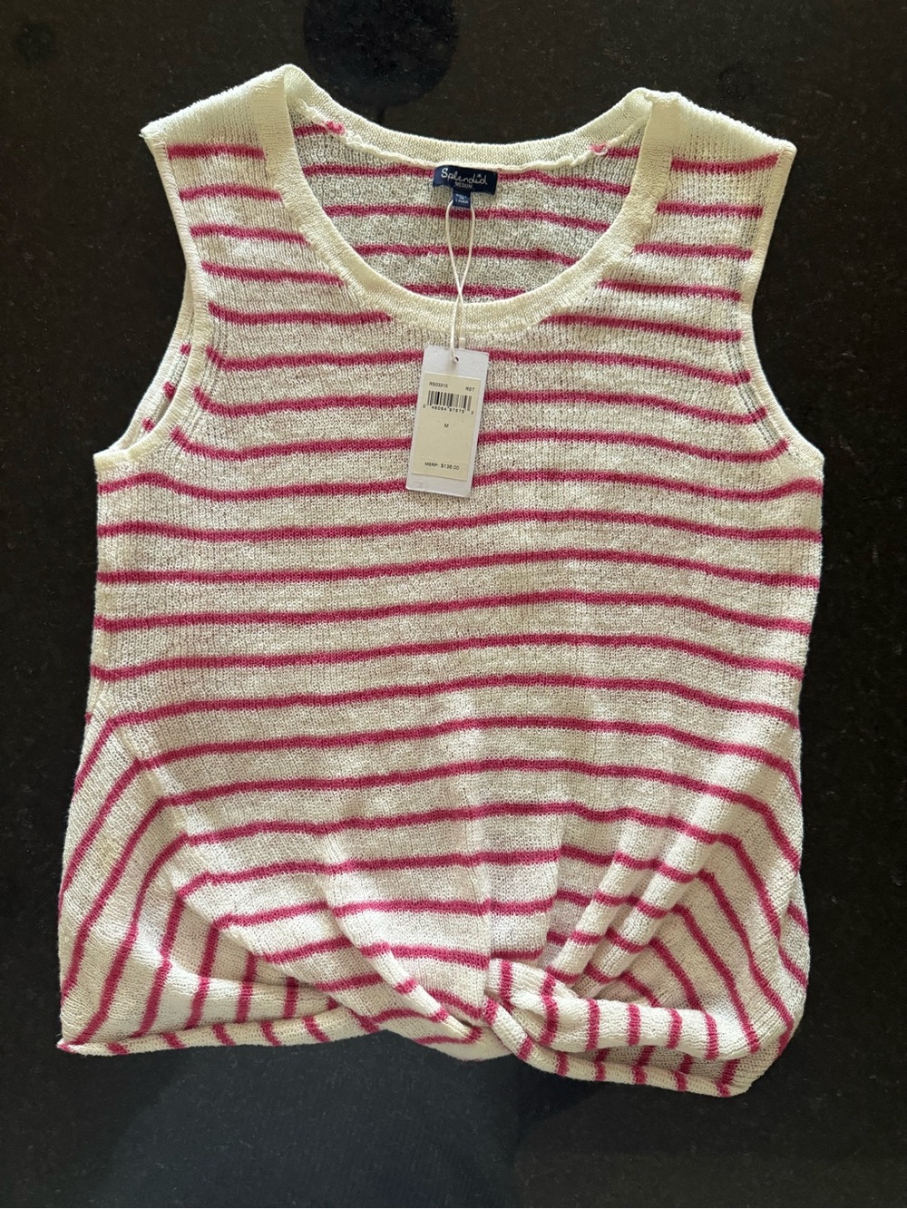 Splendid Cream Tank Top with Pink Stripes and Front Twist